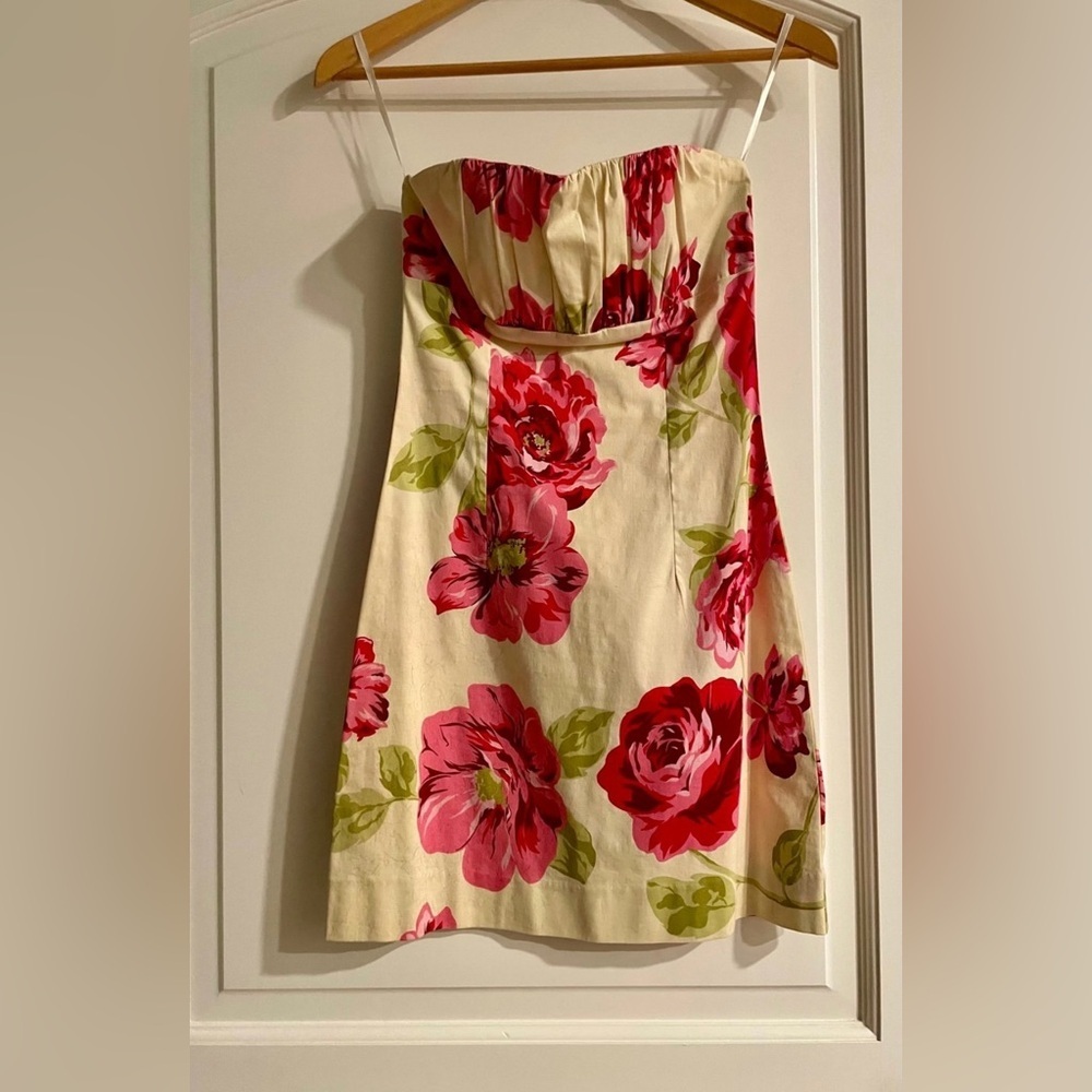 Rubber Ducky Pink and Green Floral Mini Strapless Flirty Dress - Picture 1 of 7
